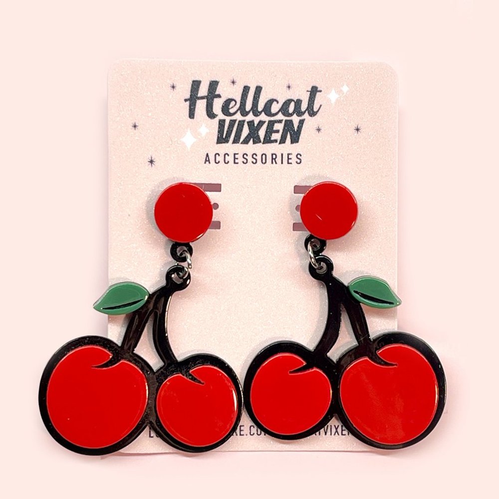 Retro Red Cherry Rockabilly Stud Dangling Laser Cut Acrylic Drop Earrings